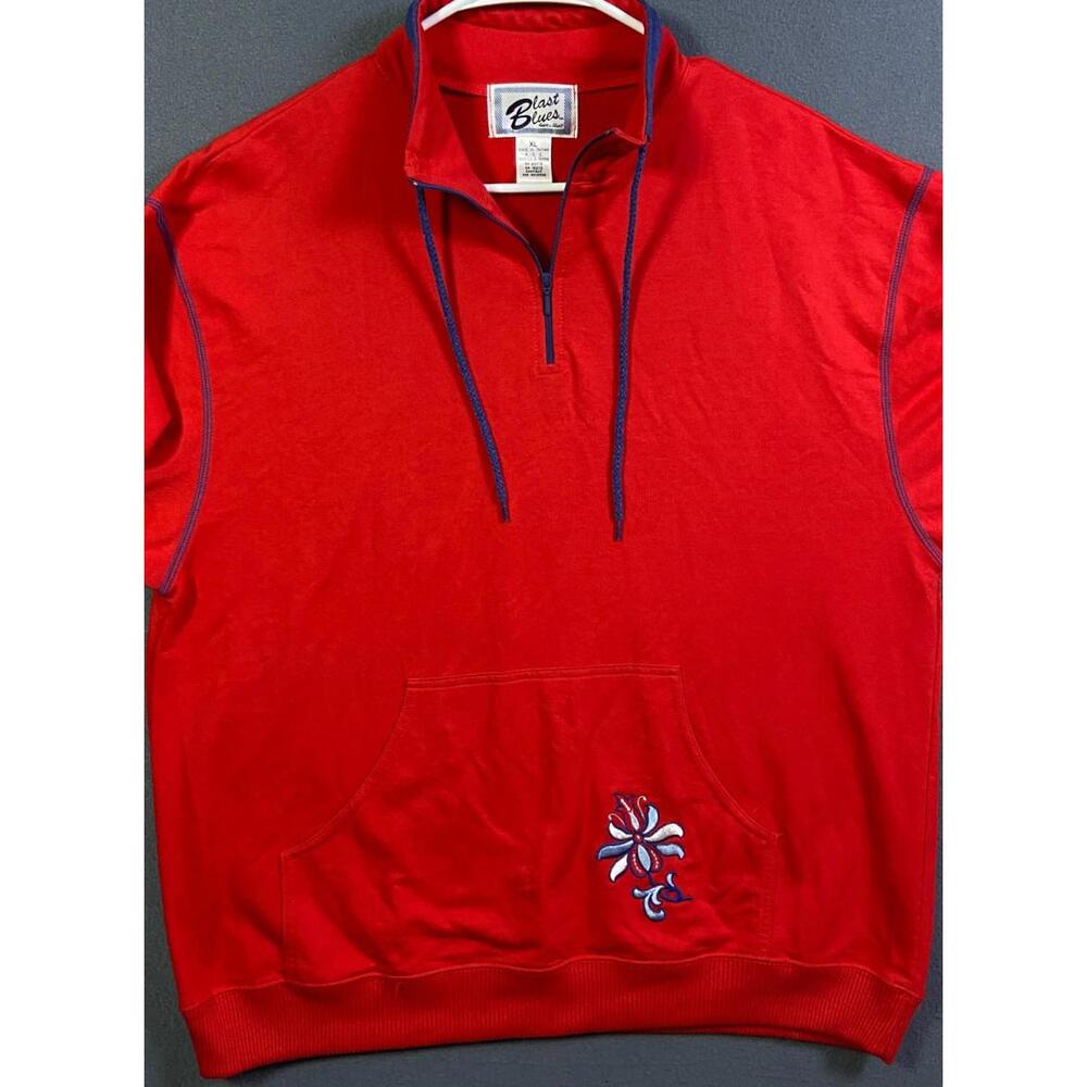 Red Snap Pullover XLarge Vintage 90s Grandma core Embroidered Flower Blast Blues - Picture 5 of 10